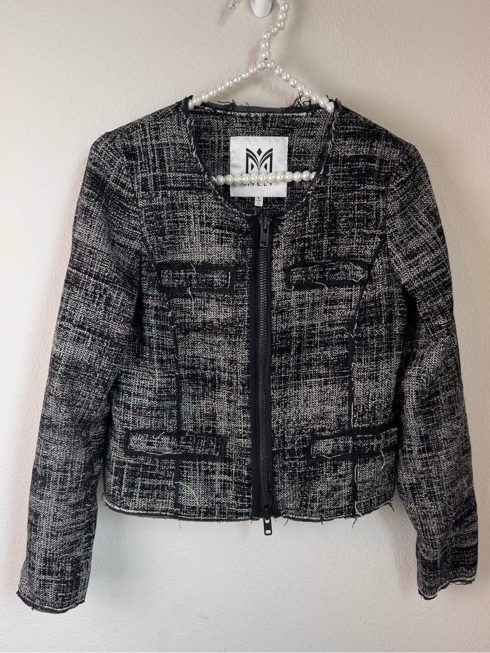 Milly Women's Black & White Tweed Zip-Front Jacket